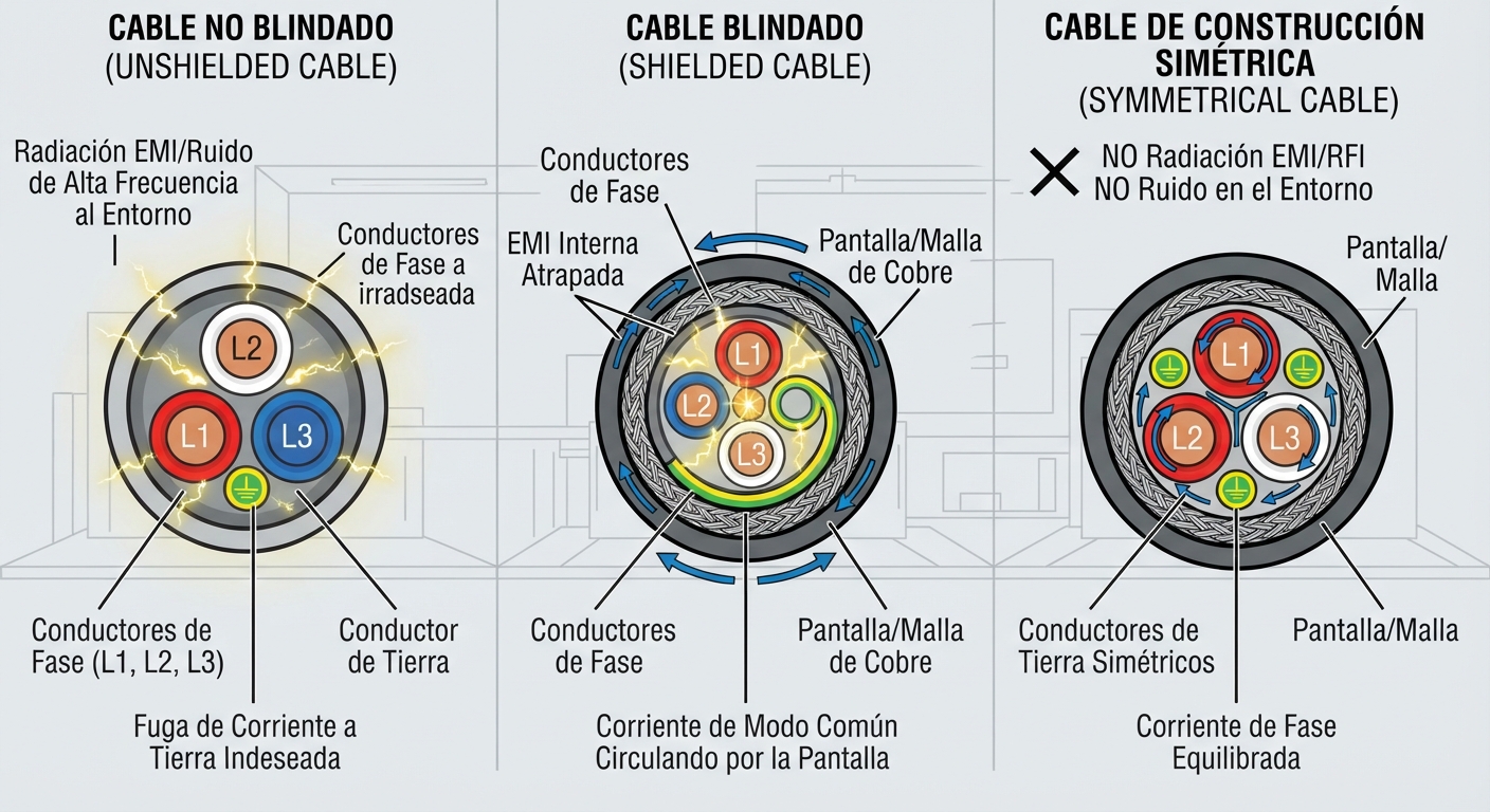 Cables para conectar un motor a un variador de frecuencia: Sin blindaje, blindados y de construcción simétrica