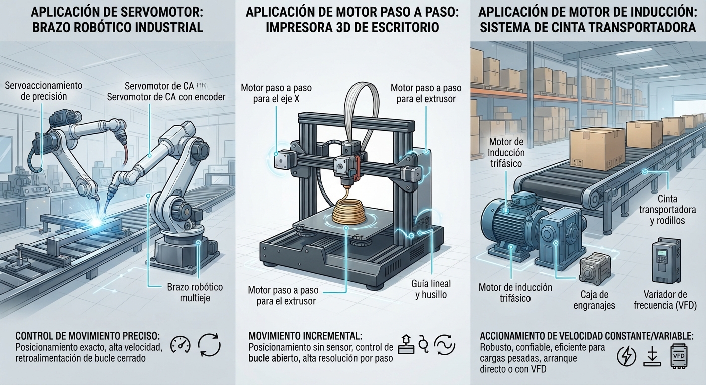 Servomotores, motores paso a paso y motores de inducción.¿En que se diferencian?
